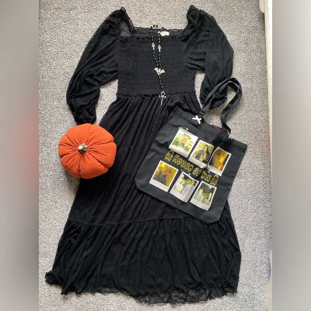 Max Studio Black Smocked Long Sleeve Midi Dress with 3/4 sleeves Goth Style (S)
